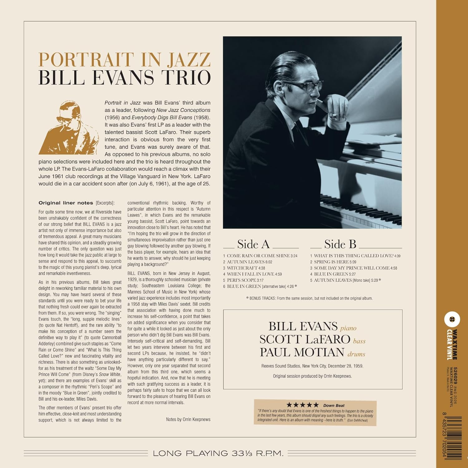 Bill Evans Trio Portrait In Jazz (Limited Edition, 180 Gram Crystal Clear Vinyl with Bonus Tracks) [Import]