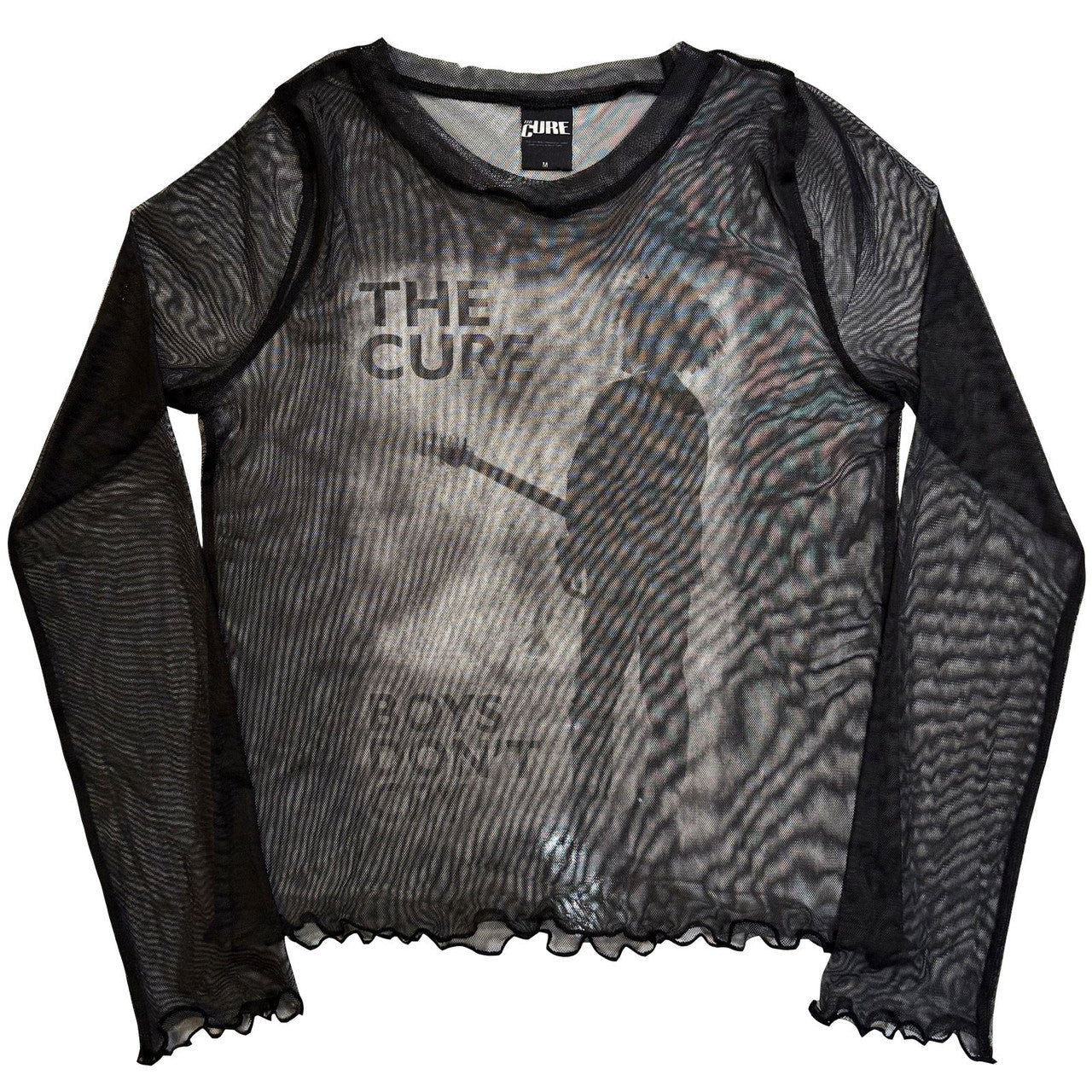The Cure Boys Don't Cry B&W Ladies Long Sleeve Mesh Crop Top (Black)
